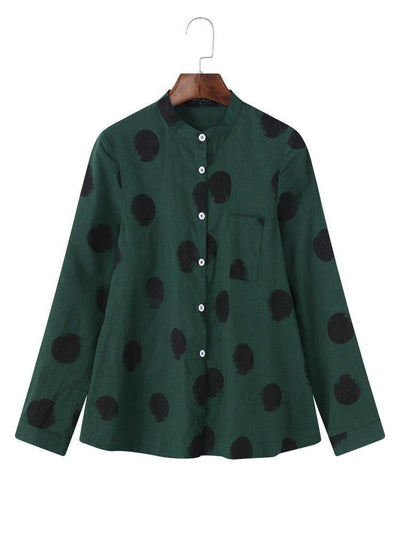 Women’s Blouse – Relaxed Fit – Polka Dot – Button Front – Long Sleeve – Breathable Blend