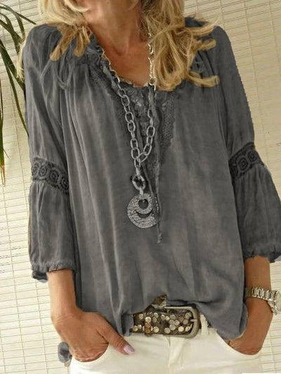 Women’s Blouse – Relaxed Fit – Lace Appliqué – 3/4 Sleeve – Breathable Blend
