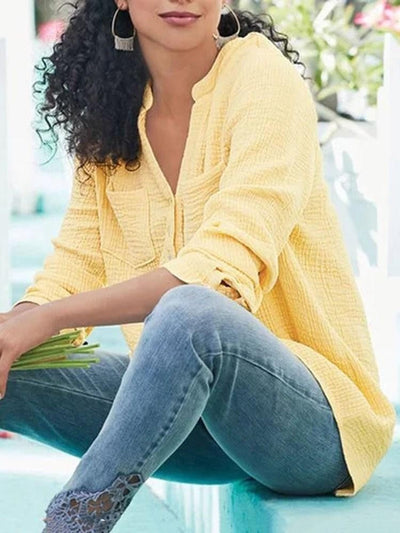 Women’s Blouse – Relaxed Fit – Long Sleeve – Soft Textured – Band Collar – Chest Pockets