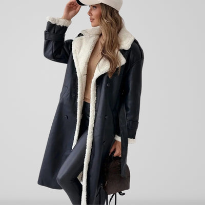 Women’s Full Length Coat – Oversized Fit – Shearling Lined – Double Breasted – Belted