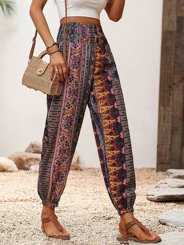 Women's Harem Trousers - Bohemian Elephant Print - Loose Fit - Elastic Waist & Cuffs