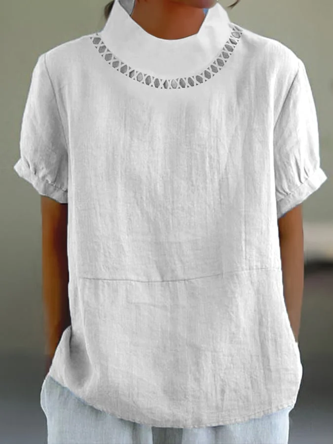 Women’s Blouse – Relaxed Fit – Short Sleeve Rolled Cuffs – Decorative Cutout Neckline – Breathable Blend