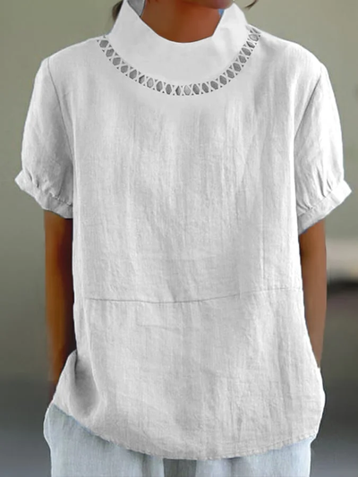 Women’s Blouse – Relaxed Fit – Short Sleeve Rolled Cuffs – Decorative Cutout Neckline – Breathable Blend