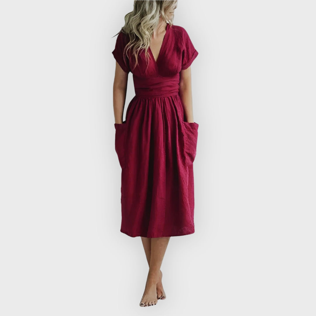 Rachel | Elegant Midi Dress with Belt & Side Pockets