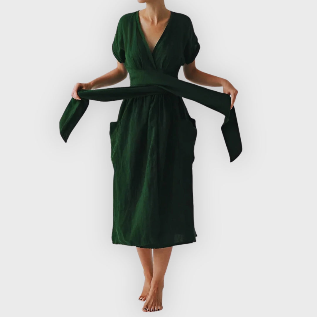 Rachel | Elegant Midi Dress with Belt & Side Pockets