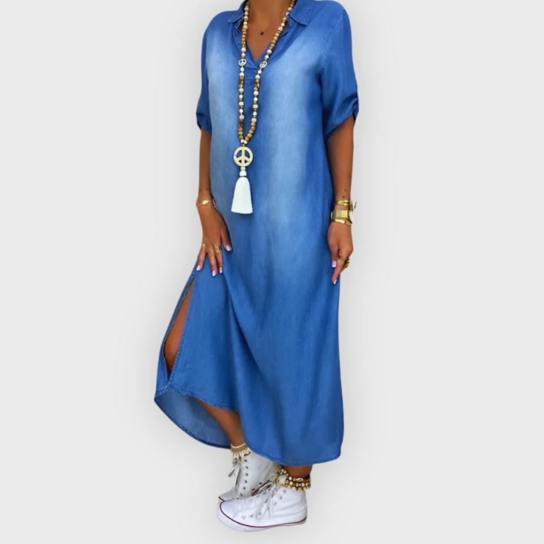 Becky | Long Denim-Look Dress with Side Slit