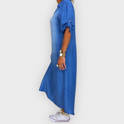 Becky | Long Denim-Look Dress with Side Slit