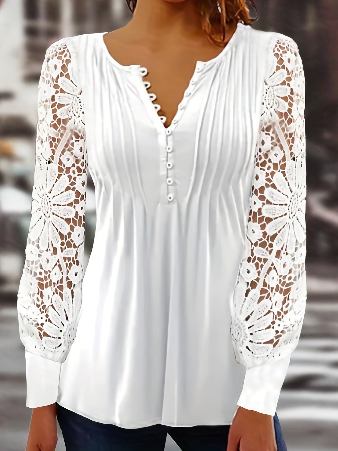 Women's Blouse - Long Lace Sleeves - Round Neck - Pintuck Detailing - Relaxed Fit