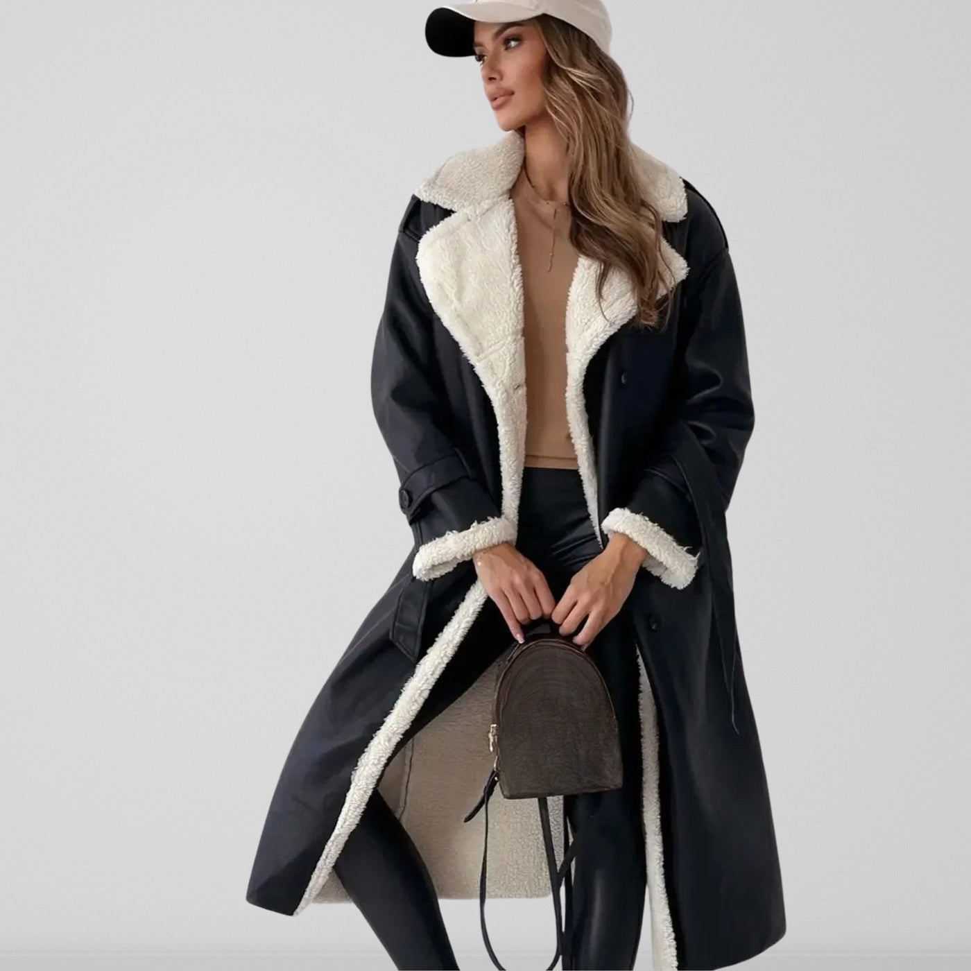Women’s Full Length Coat – Oversized Fit – Shearling Lined – Double Breasted – Belted