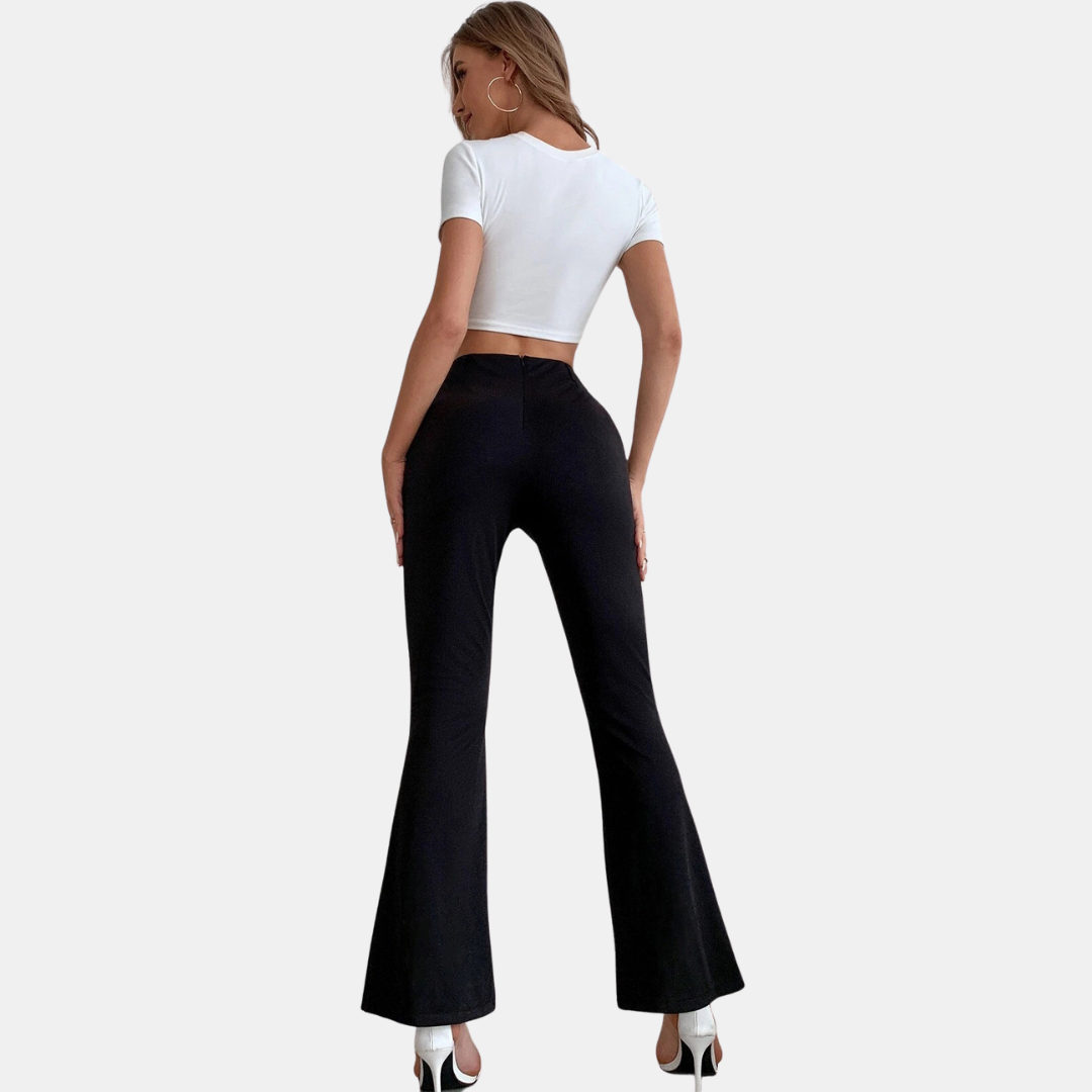 Women's High-Waisted Flare Trousers - Slim Fit - Stretch Fabric - Front Slit Hem