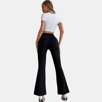 Women's High-Waisted Flare Trousers - Slim Fit - Stretch Fabric - Front Slit Hem