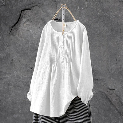 Women's Blouse - Loose Fit - Round Neck - Pintuck Pleats - Long Sleeve Buttoned Front