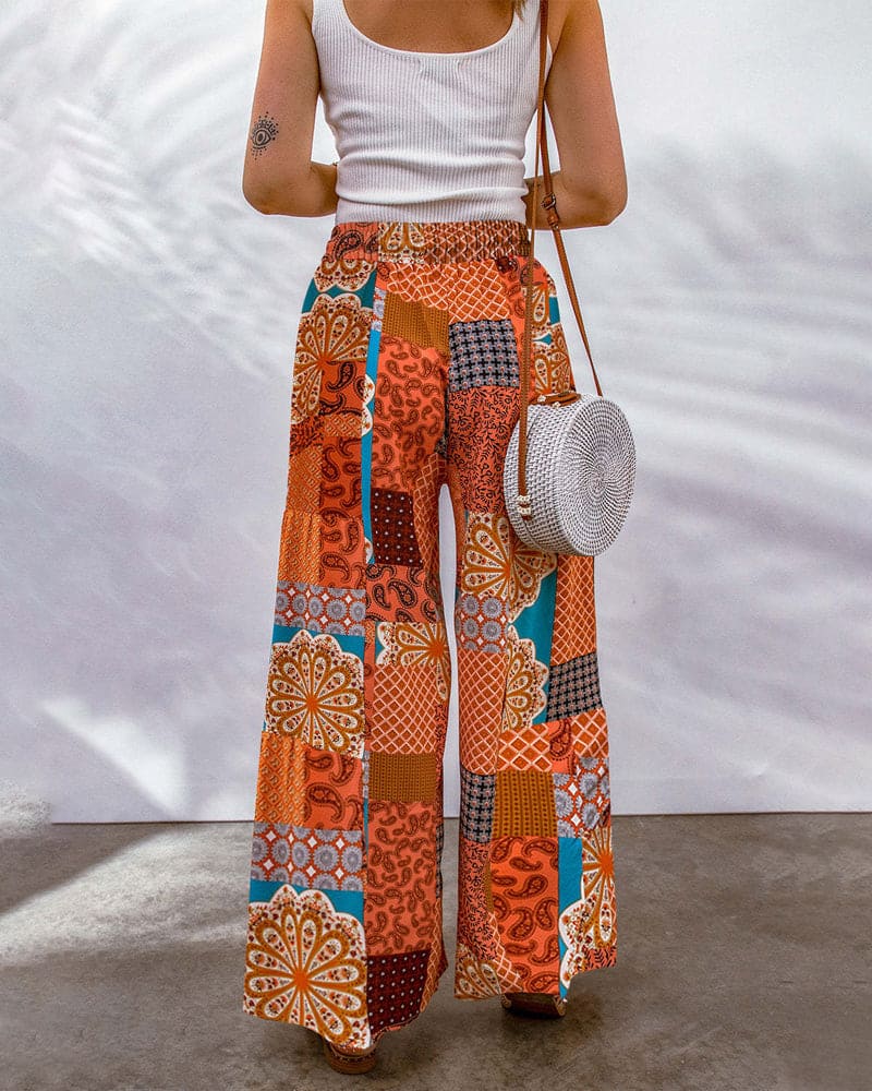 Women's Palazzo Trousers - High Waist - Wide Leg - Adjustable Drawstring - Boho Print