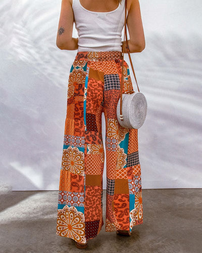 Women's Palazzo Trousers - High Waist - Wide Leg - Adjustable Drawstring - Boho Print