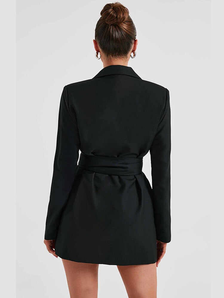 Women's Blazer Dress - Tailored Fit - Mini Length - V-Neck - Long Sleeve Elegant Wear