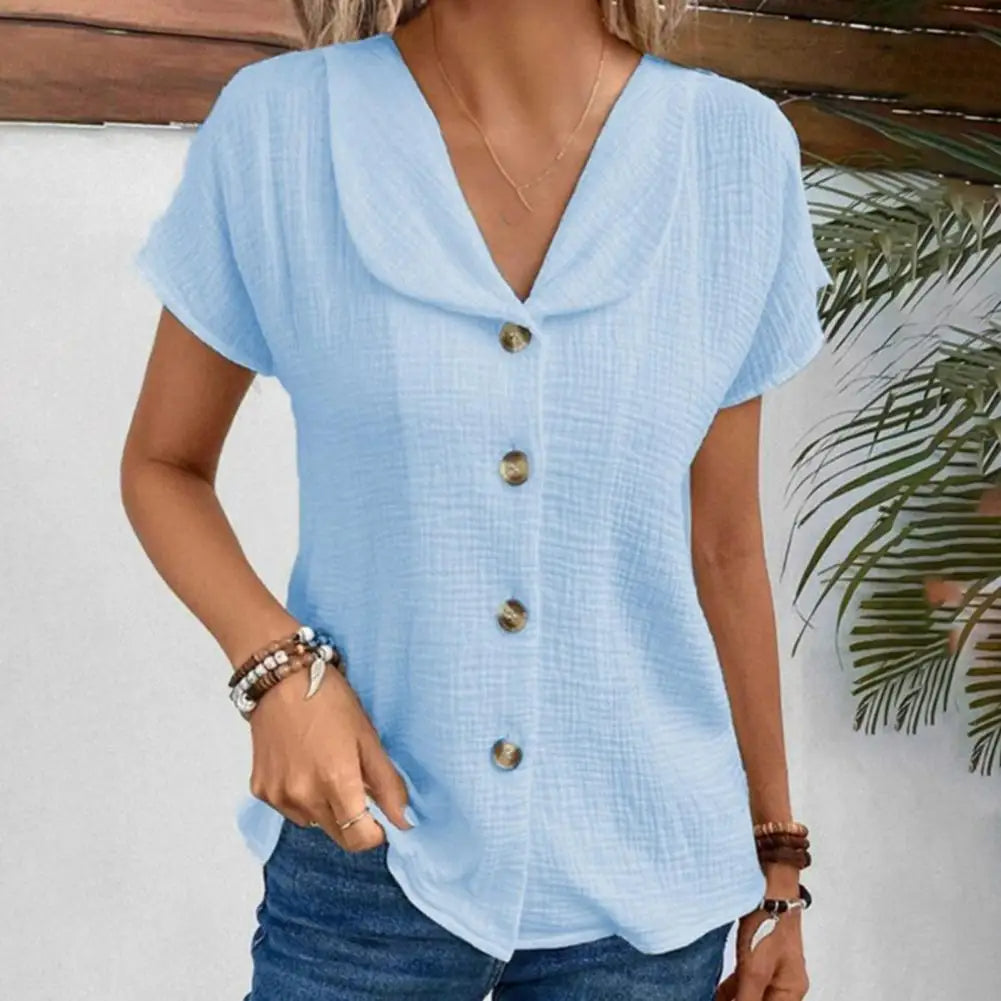 Women’s Blouse – Relaxed Fit – Crinkled Texture – Button Front – Cropped Short Sleeve