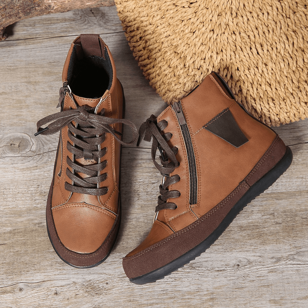 Harper | Leather Ankle Boots with Side Zipper and Round Toe