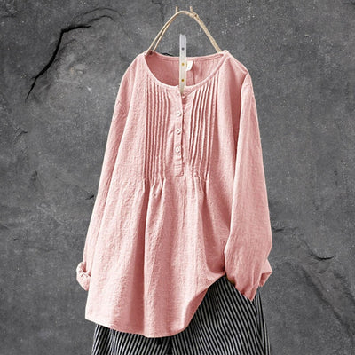 Women's Blouse - Loose Fit - Round Neck - Pintuck Pleats - Long Sleeve Buttoned Front