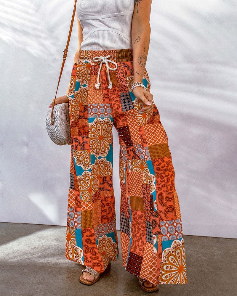 Women's Palazzo Trousers - High Waist - Wide Leg - Adjustable Drawstring - Boho Print