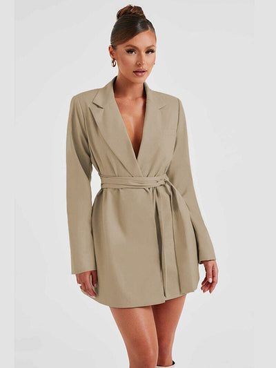 Women's Blazer Dress - Tailored Fit - Mini Length - V-Neck - Long Sleeve Elegant Wear
