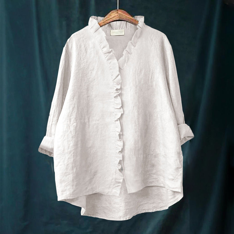 Women’s Blouse – Oversized Fit – Ruffle Trim – Long Sleeve