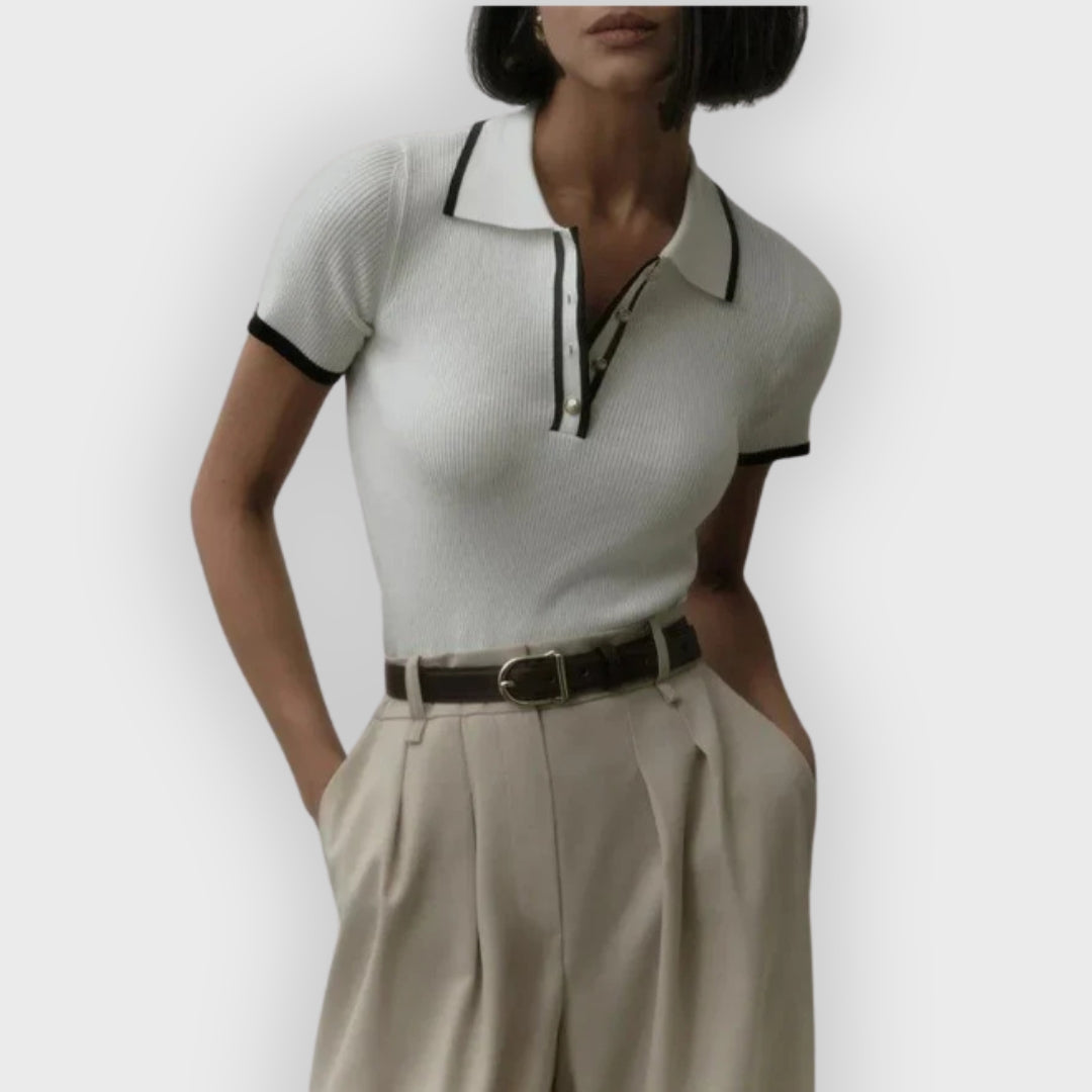 Thea | Knitted Polo Shirt - Ribbed Stretch Fabric