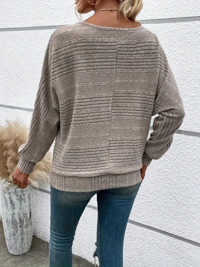 Women's Knitted Sweater - Ribbed Texture - Relaxed Fit - Wide Scoop Neck - Long Sleeves