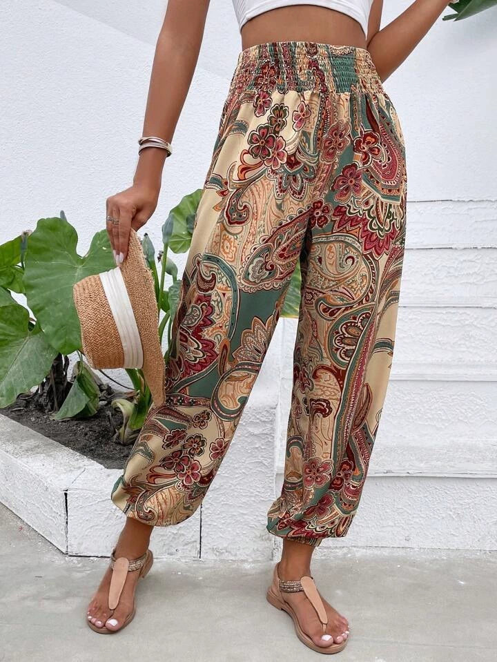 Women's Harem Trousers - Bohemian Elephant Print - Loose Fit - Elastic Waist & Cuffs