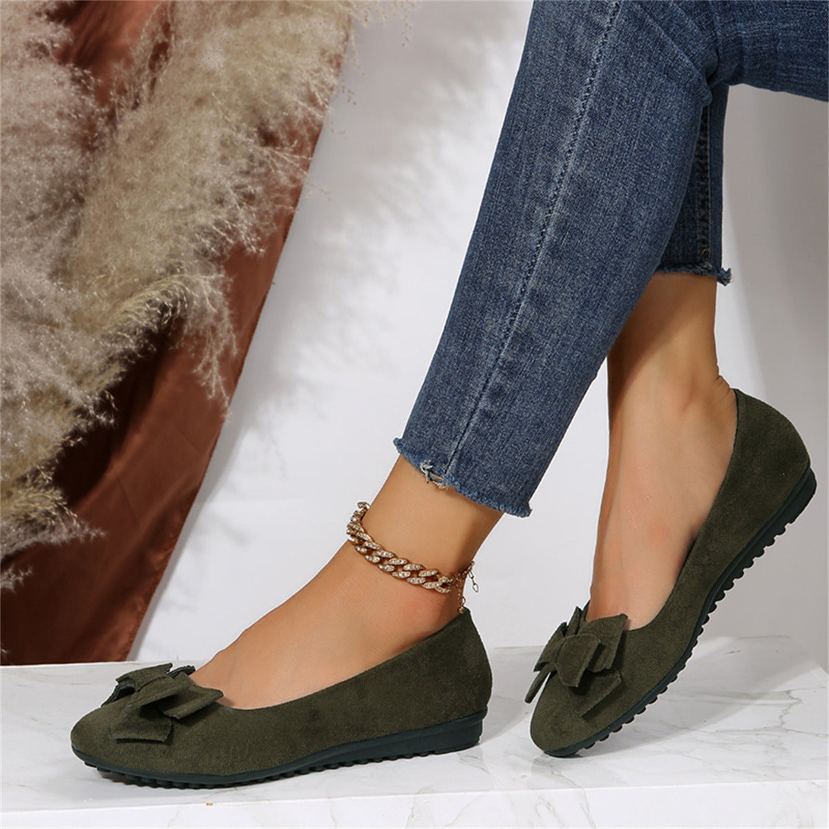 Women’s Ballet Flats – Suede-Look – Slip-On – Bow Detail – Casual Footwear