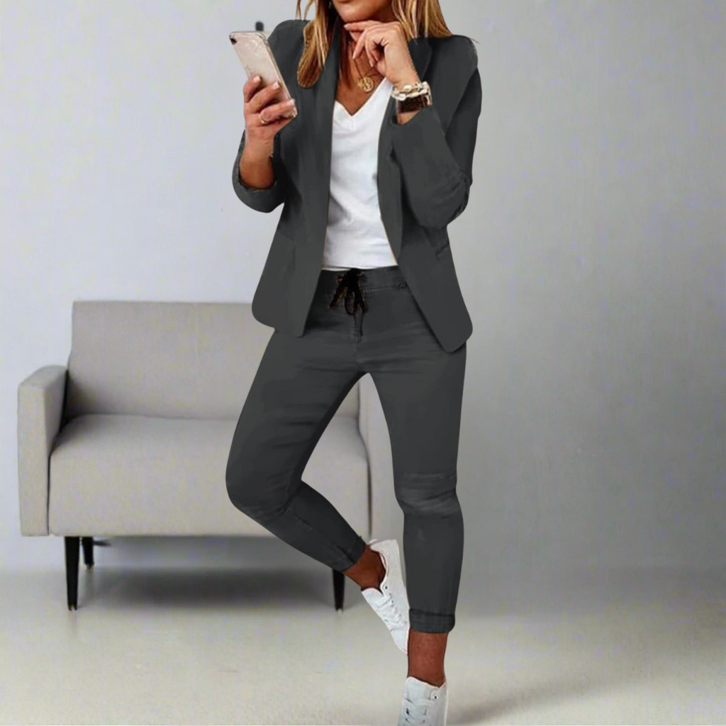 Women’s Blazer and Jogger Set – Relaxed Fit – Tapered Leg – Soft Stretch Fabric – Open Front