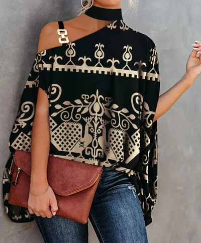 Women’s Off-Shoulder Top – Relaxed Fit – Asymmetric Neckline – Breathable Blend – Geometric Pattern