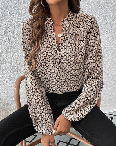 Women's printed long sleeve v neck blouse