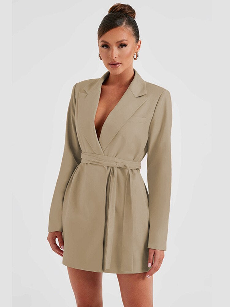 Women's Blazer Dress - Tailored Fit - Mini Length - V-Neck - Long Sleeve Elegant Wear