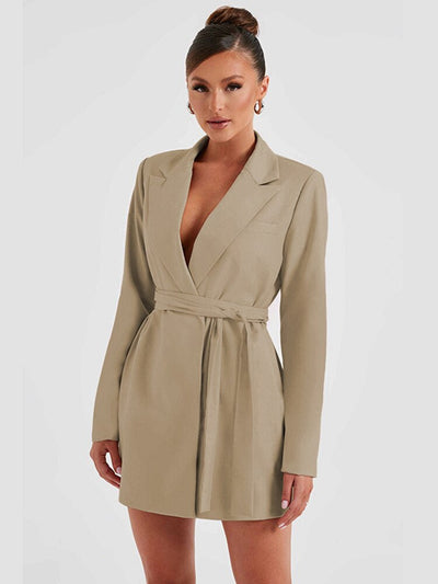 Women's Blazer Dress - Tailored Fit - Mini Length - V-Neck - Long Sleeve Elegant Wear
