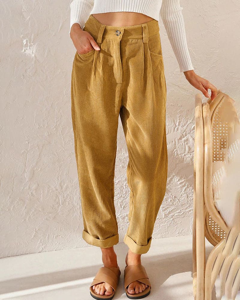 Women's High-Waisted Trousers - Pleated Front - Relaxed Fit - Cuffed Hem Ribbed Fabric