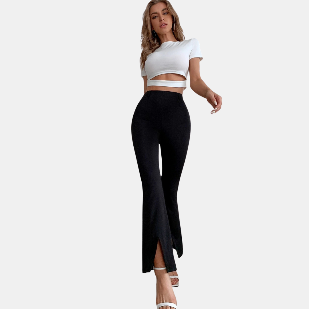 Women's High-Waisted Flare Trousers - Slim Fit - Stretch Fabric - Front Slit Hem