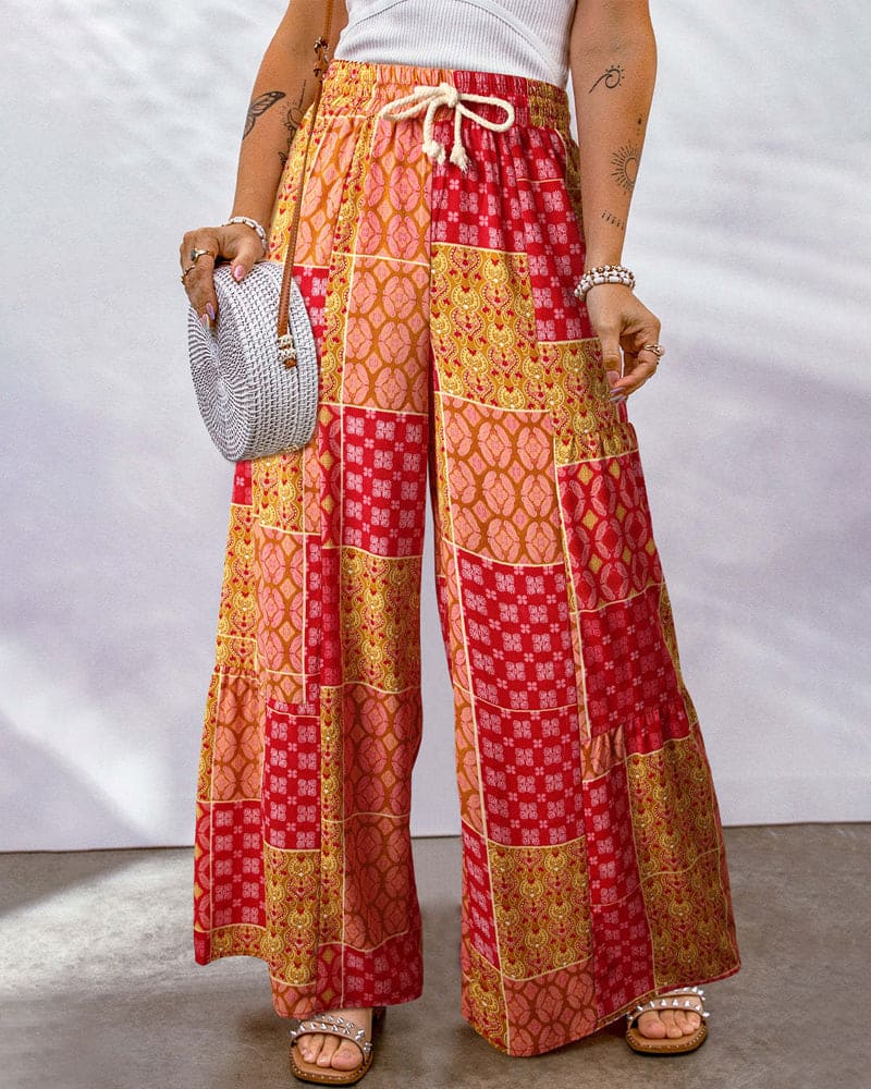Women's Palazzo Trousers - High Waist - Wide Leg - Adjustable Drawstring - Boho Print