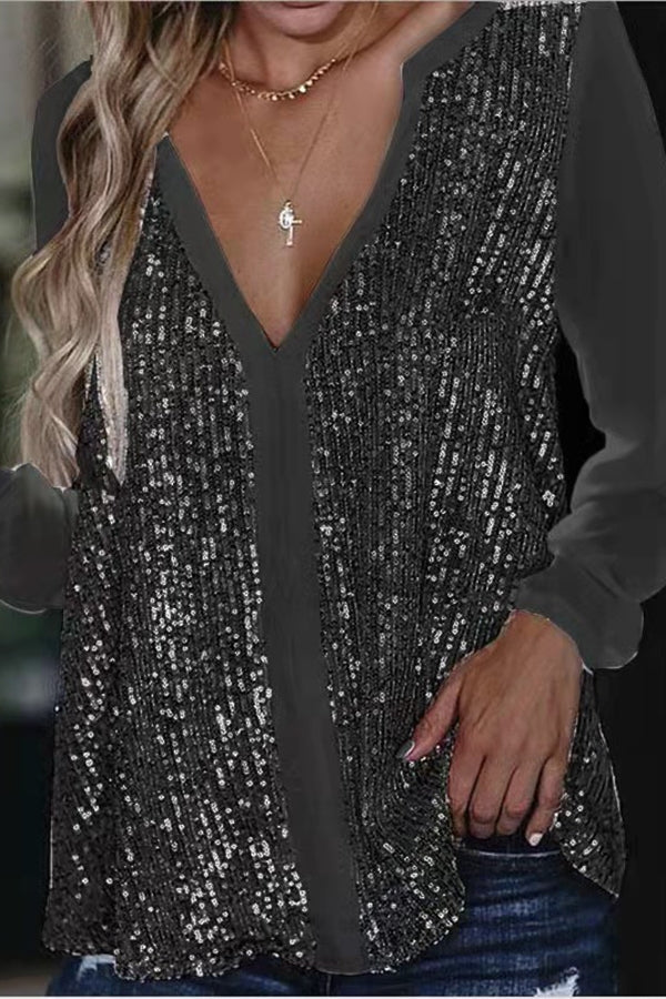 Long Sleeve Sequin V-Neck Blouse