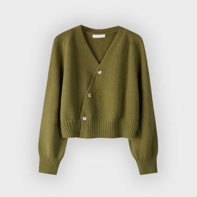 Dorothy | Premium Merino Wool V-Neck Skew Button Cardigan