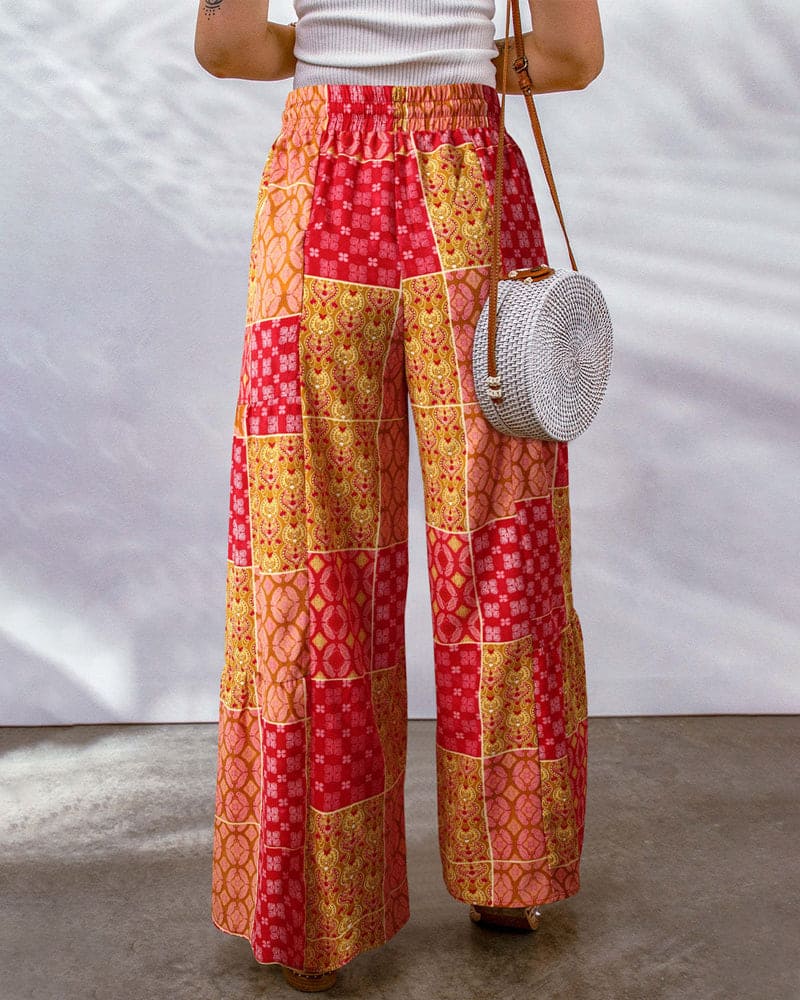 Women's Palazzo Trousers - High Waist - Wide Leg - Adjustable Drawstring - Boho Print