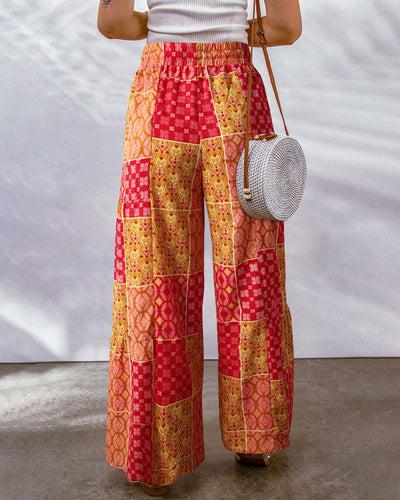 Women's Palazzo Trousers - High Waist - Wide Leg - Adjustable Drawstring - Boho Print