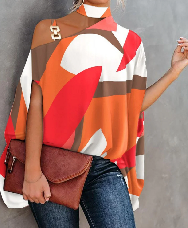 Women’s Off-Shoulder Top – Relaxed Fit – Asymmetric Neckline – Breathable Blend – Geometric Pattern