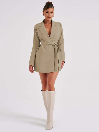 Women's Blazer Dress - Tailored Fit - Mini Length - V-Neck - Long Sleeve Elegant Wear