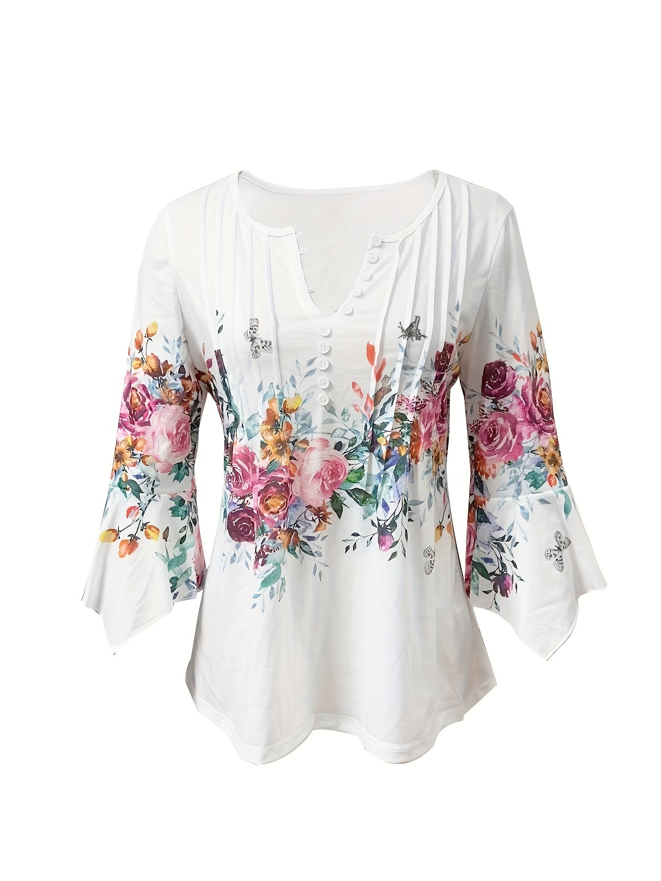 Women's Blouse - V-Neck Button Detail - Long Sleeve Flowy Floral Print