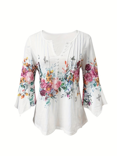 Women's Blouse - V-Neck Button Detail - Long Sleeve Flowy Floral Print