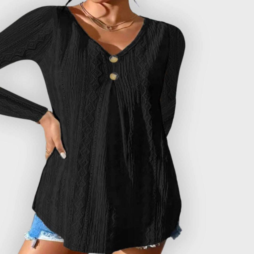 Ottilie | Button Detail Long Sleeve Top - Casual V-Neck