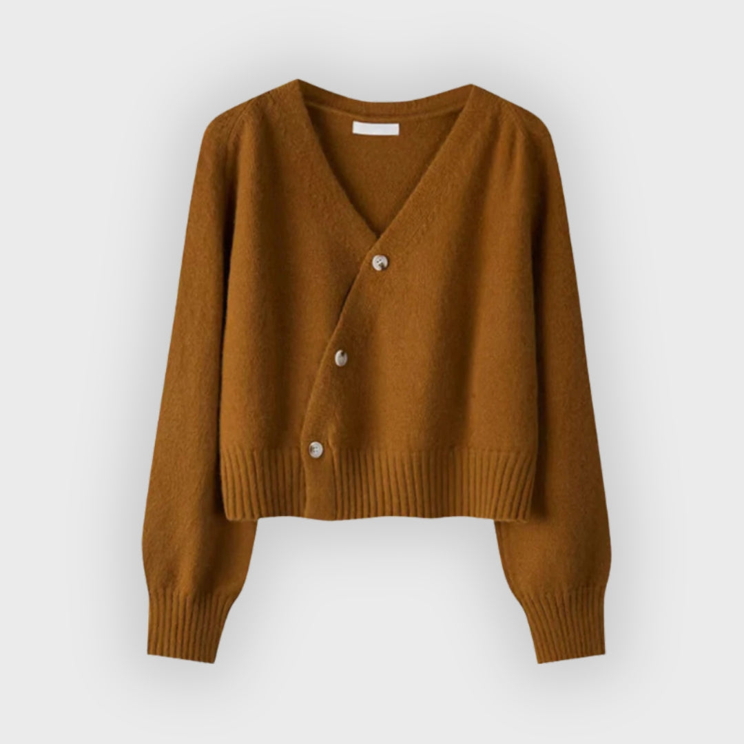 Dorothy | Premium Merino Wool V-Neck Skew Button Cardigan