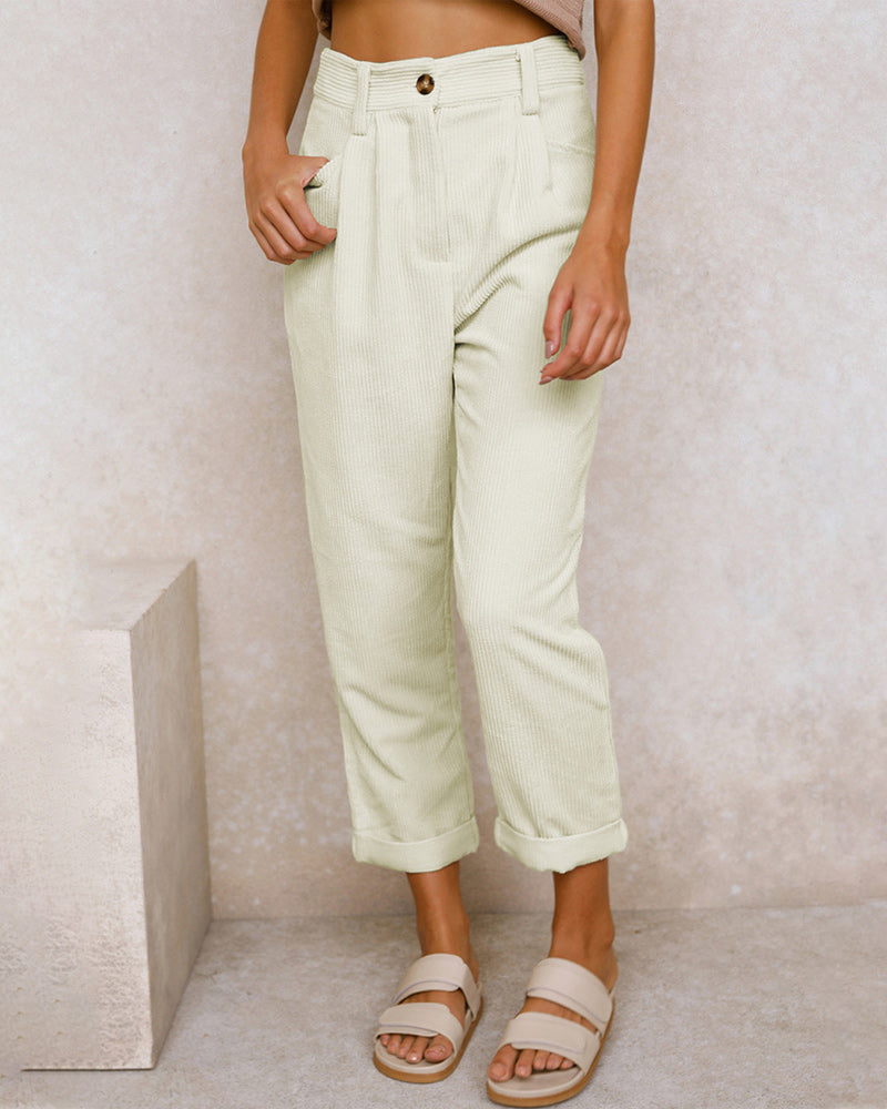 Women's High-Waisted Trousers - Pleated Front - Relaxed Fit - Cuffed Hem Ribbed Fabric