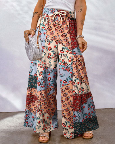 Women's Palazzo Trousers - High Waist - Wide Leg - Adjustable Drawstring - Boho Print