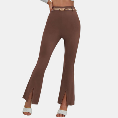 Women's High-Waisted Flare Trousers - Slim Fit - Stretch Fabric - Front Slit Hem